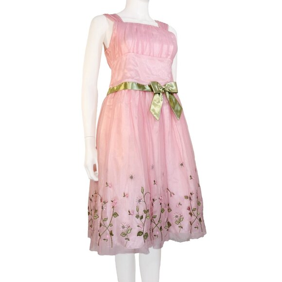 Bonnie Jean Other - Pink Tulle Floral Embroidered Spring Easter Dress w Green Bow - Girls Size 14